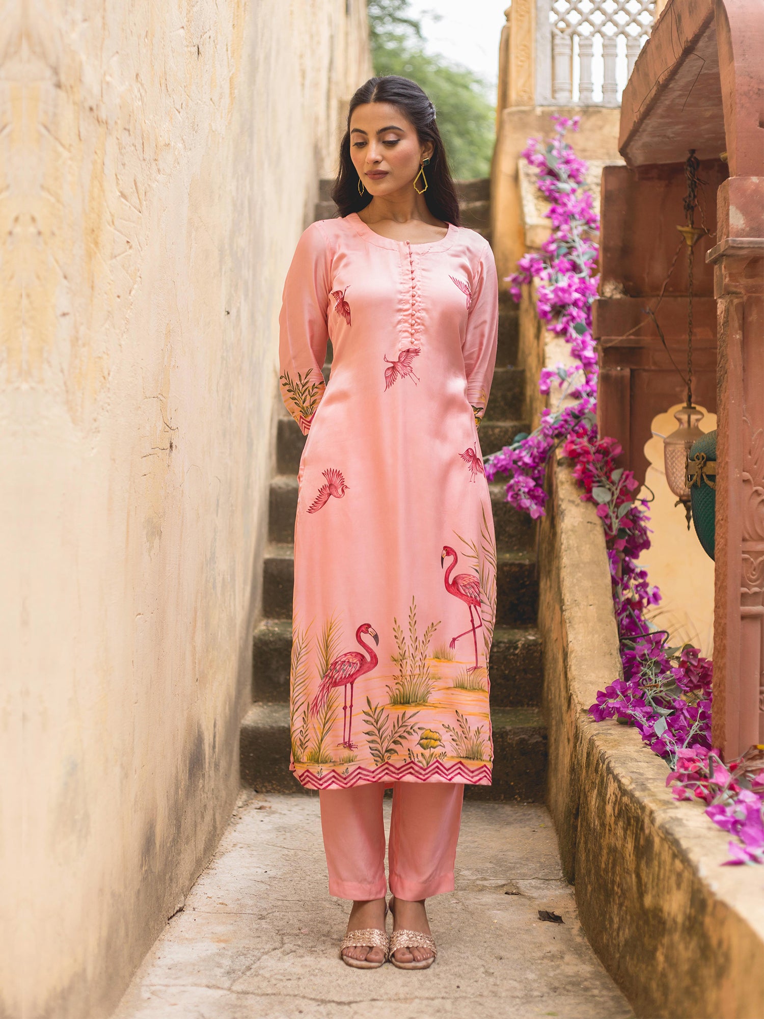 Rose Pink Handpainted Modal Satin Suit Set