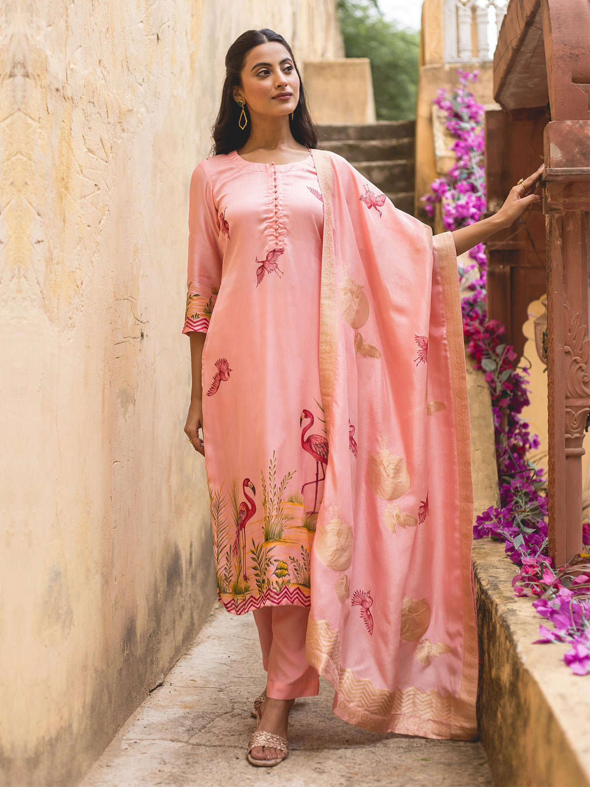 Rose Pink Handpainted Modal Satin Suit Set