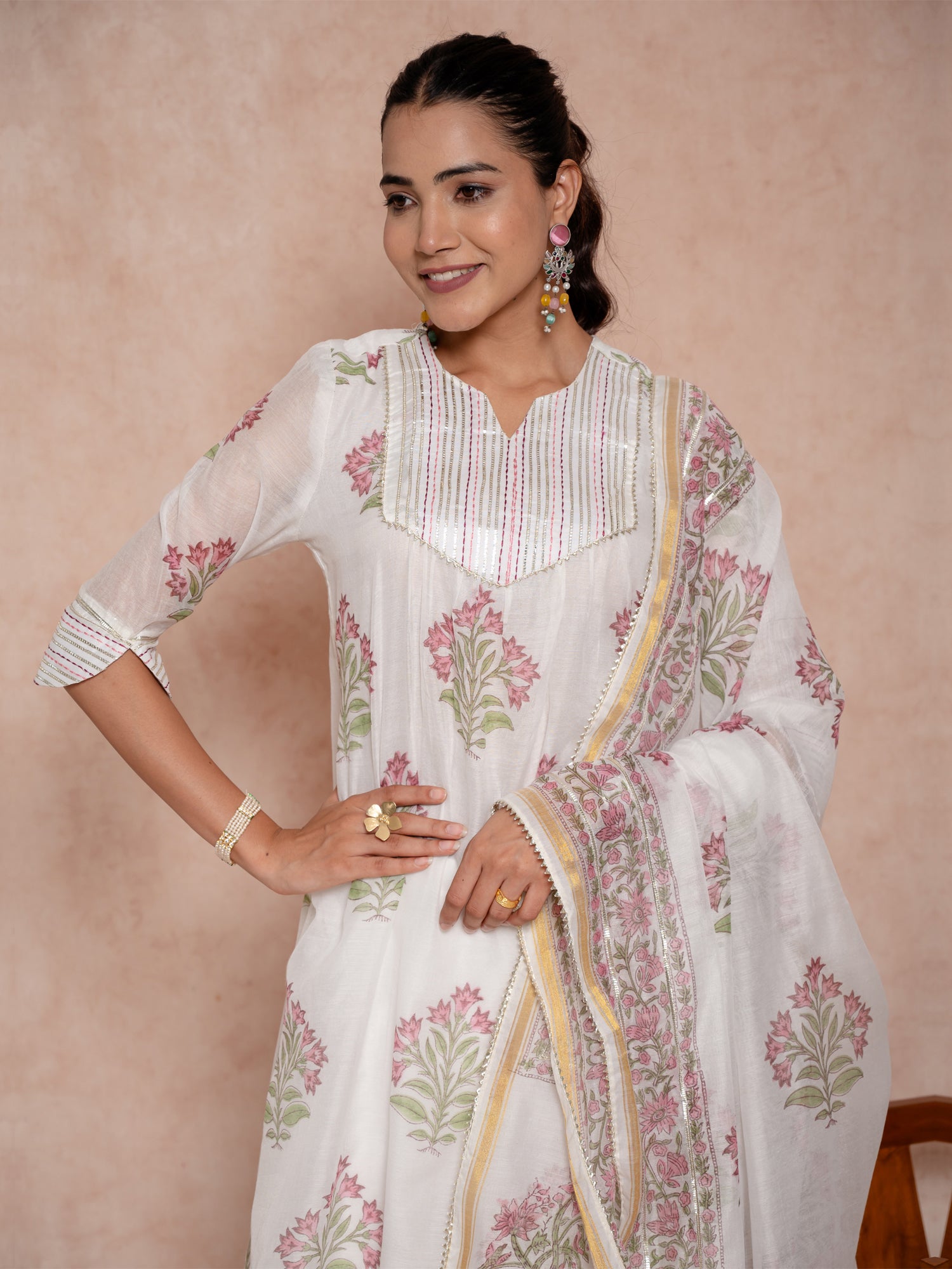 Pearl White Hand Block Chanderi Suit Set