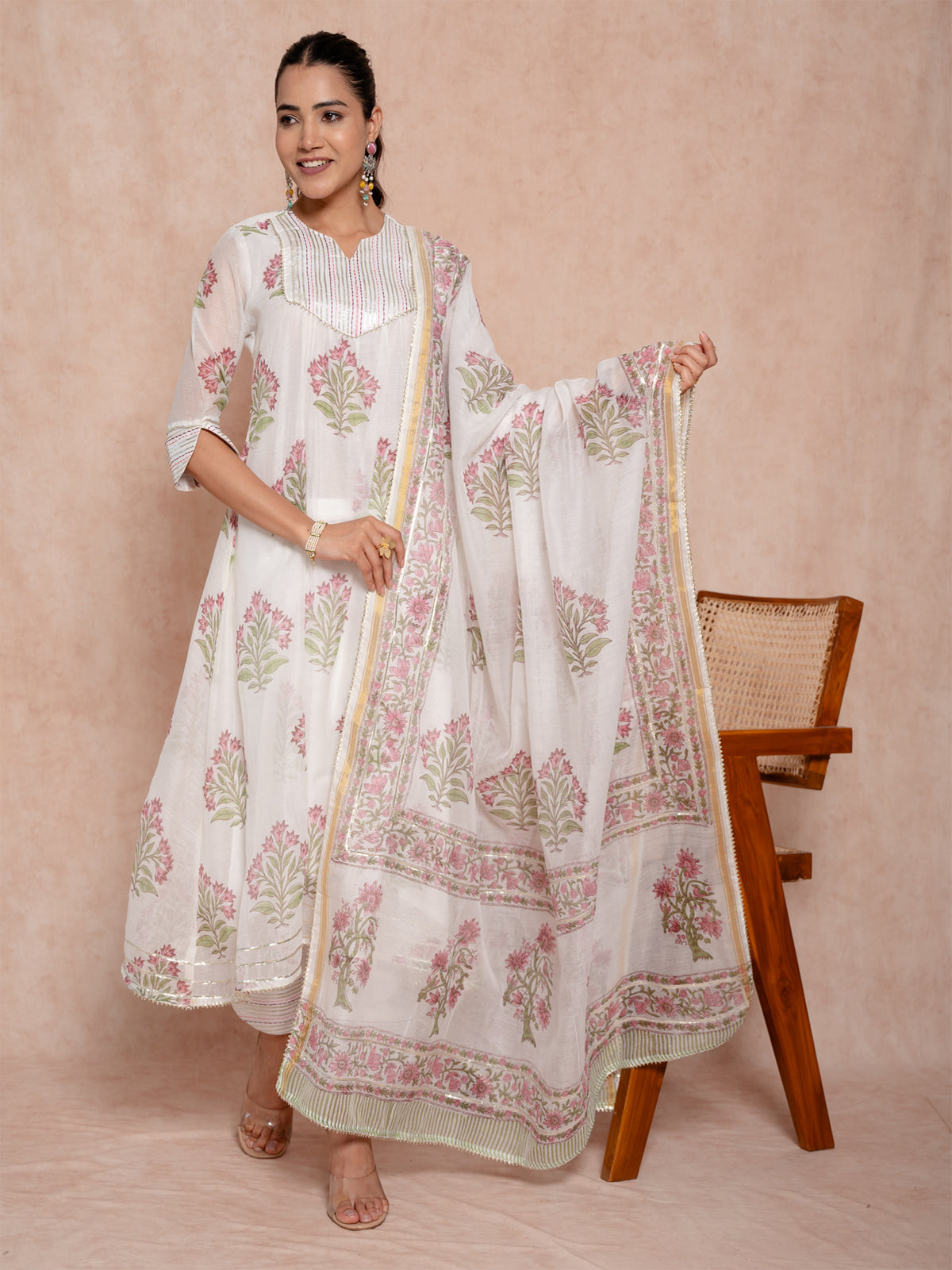 Pearl White Hand Block Chanderi Suit Set