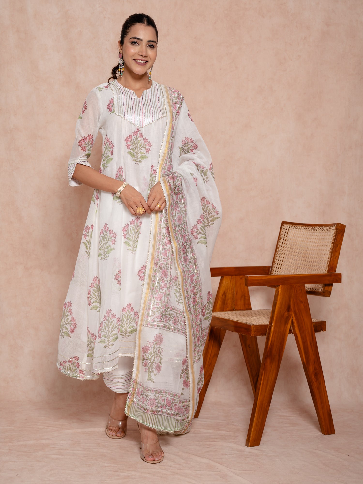 Pearl White Hand Block Chanderi Suit Set