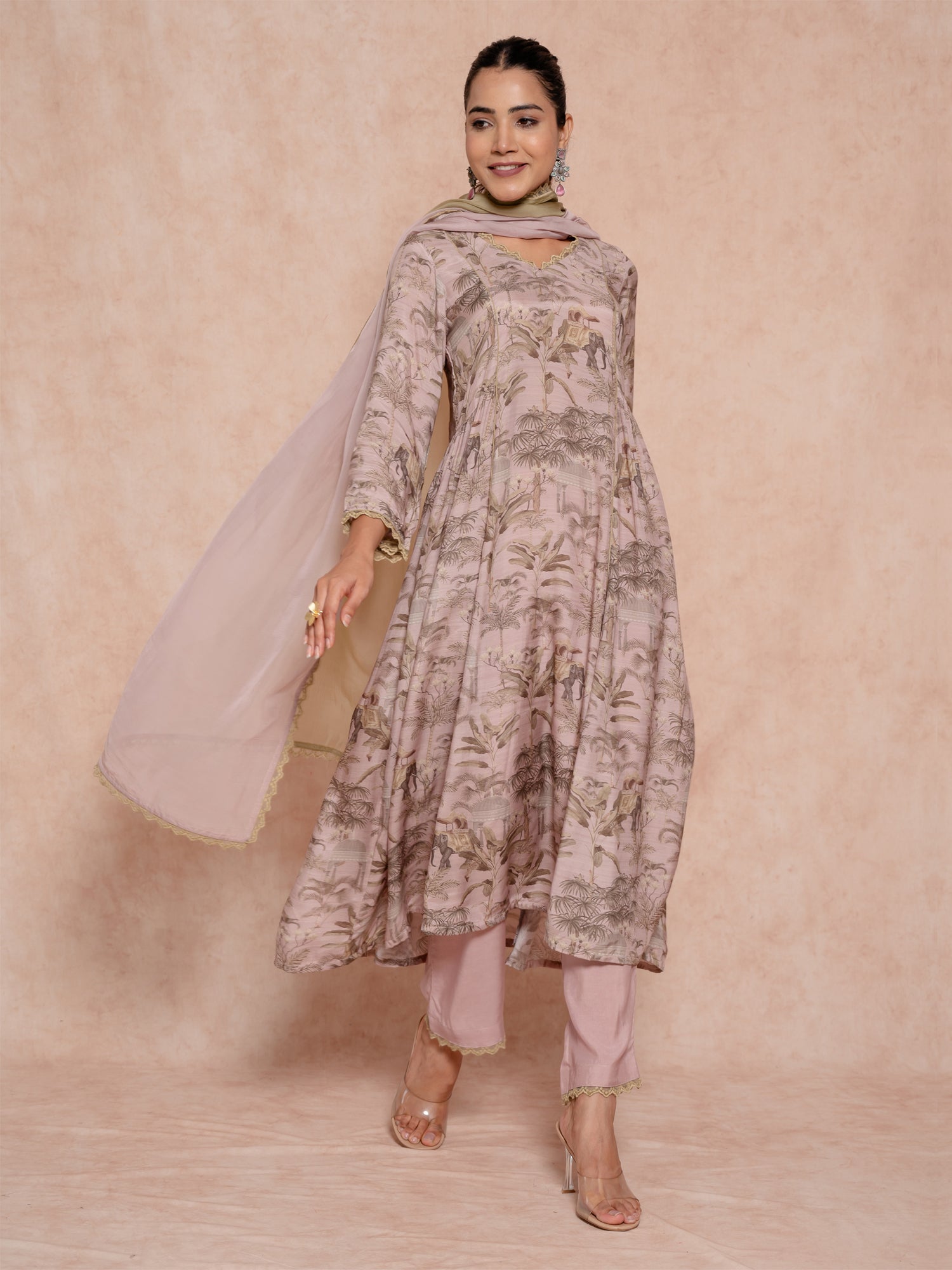 Dusty Mauve A Line Printed Muslin Silk Suit