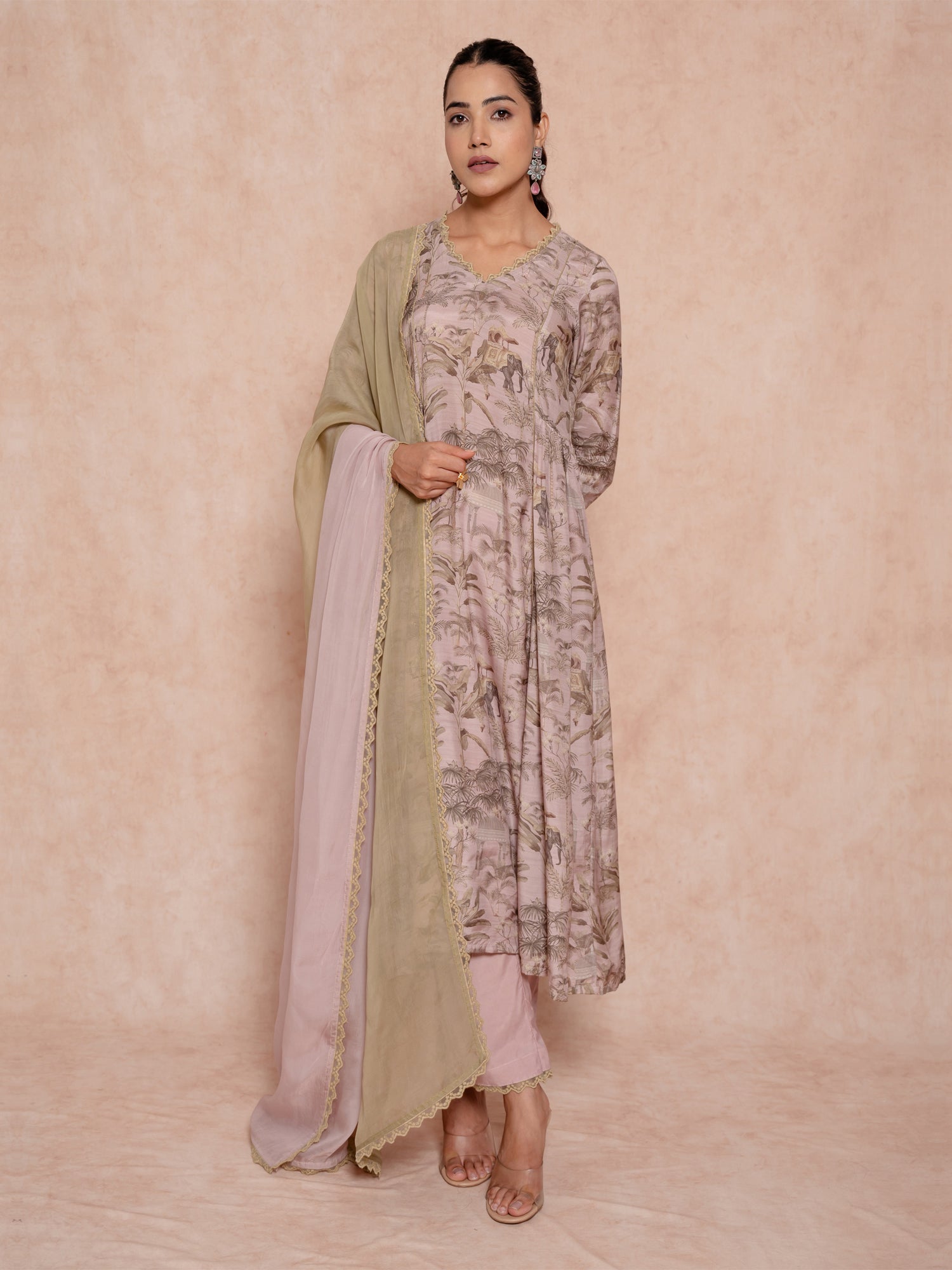 Dusty Mauve A Line Printed Muslin Silk Suit