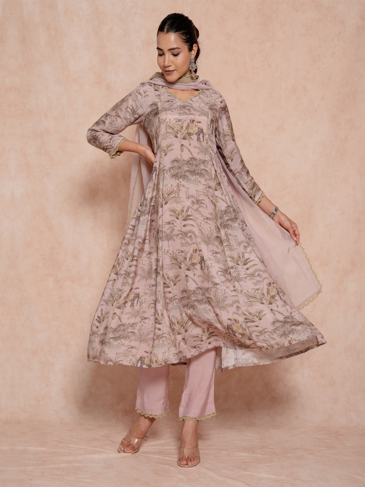 Dusty Mauve A Line Printed Muslin Silk Suit