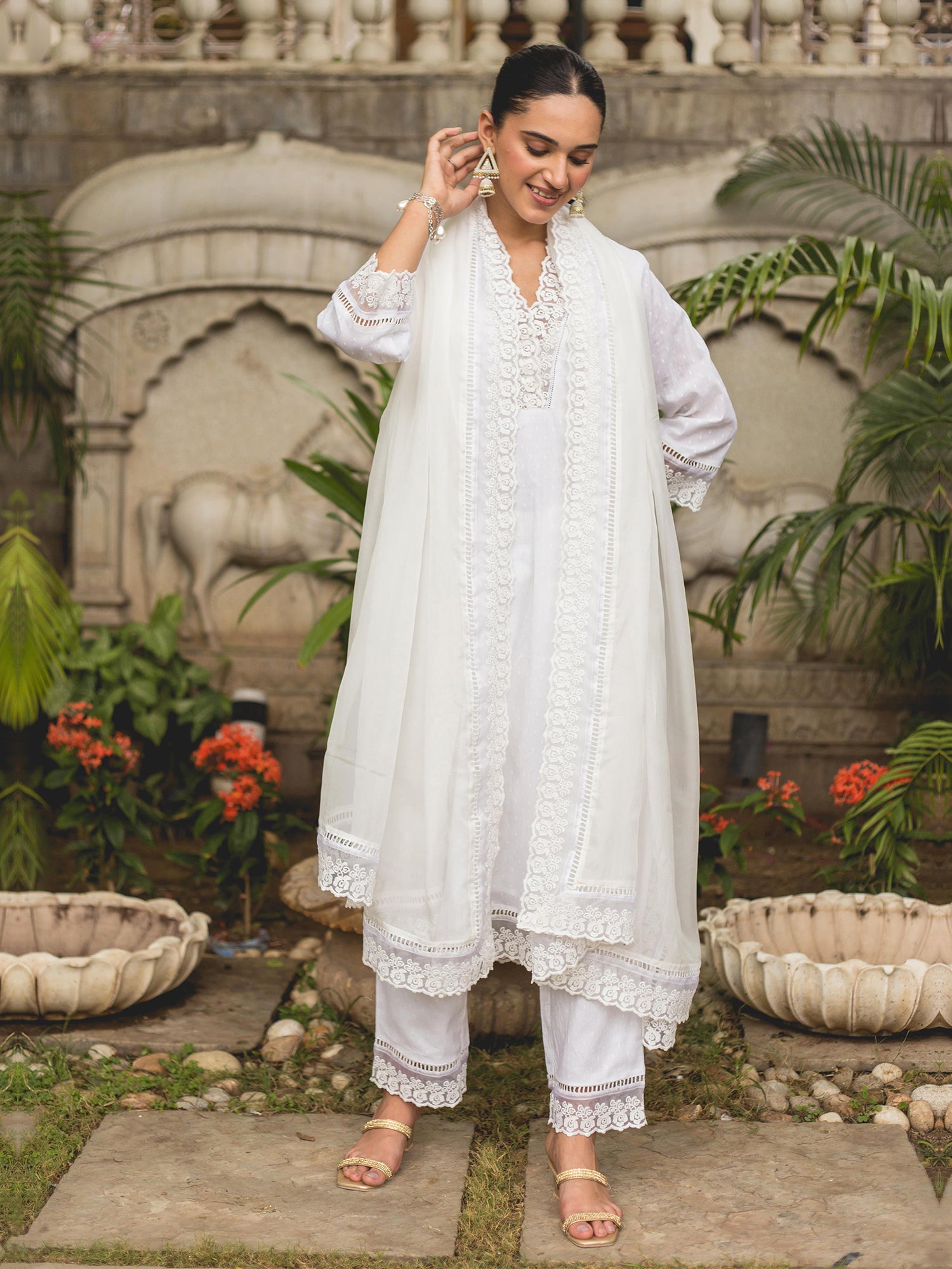 Daisy White Cotton Straight Kurta Suit Set