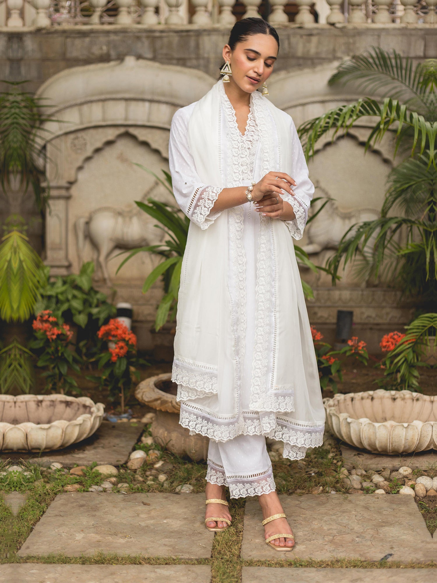 Daisy White Cotton Straight Kurta Suit Set