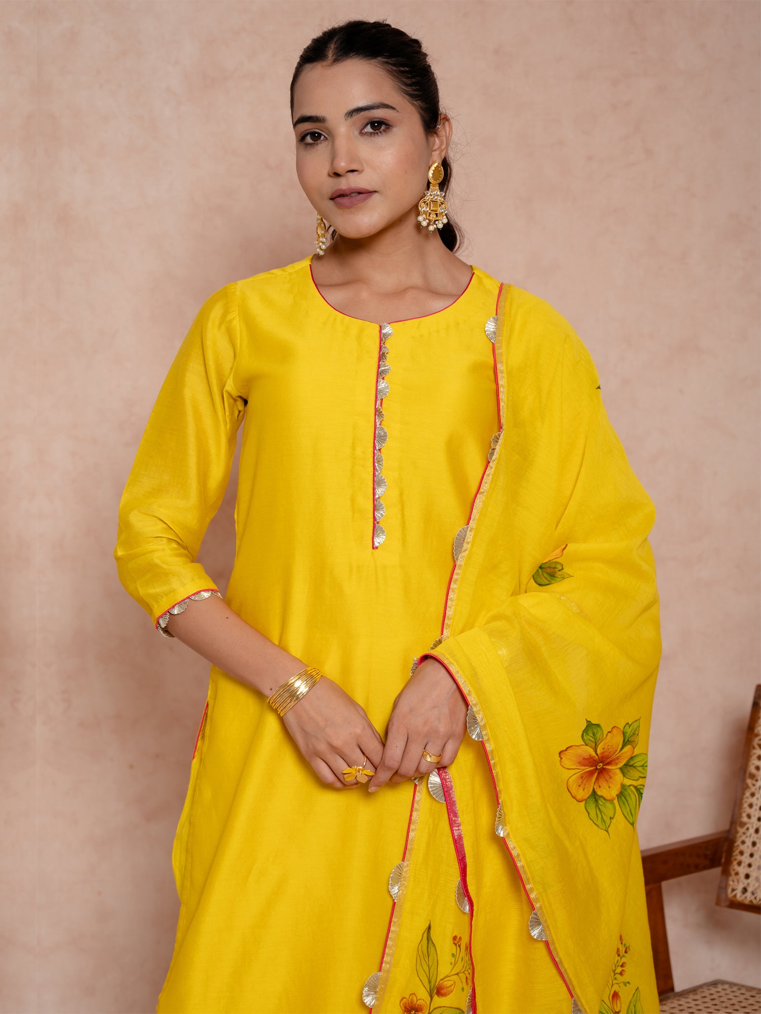 Lime Yellow Gota Work Chanderi Suit Set