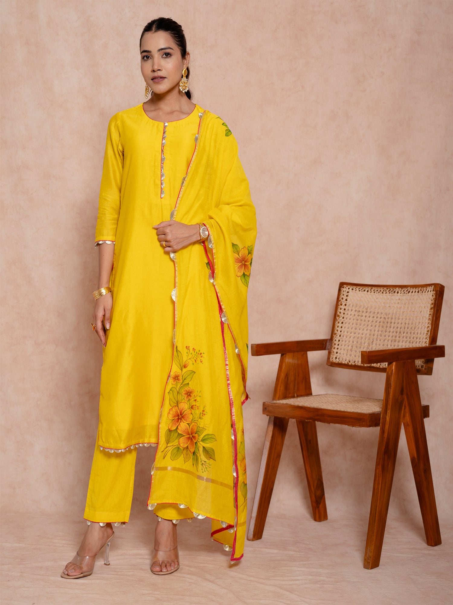 Lime Yellow Gota Work Chanderi Suit Set