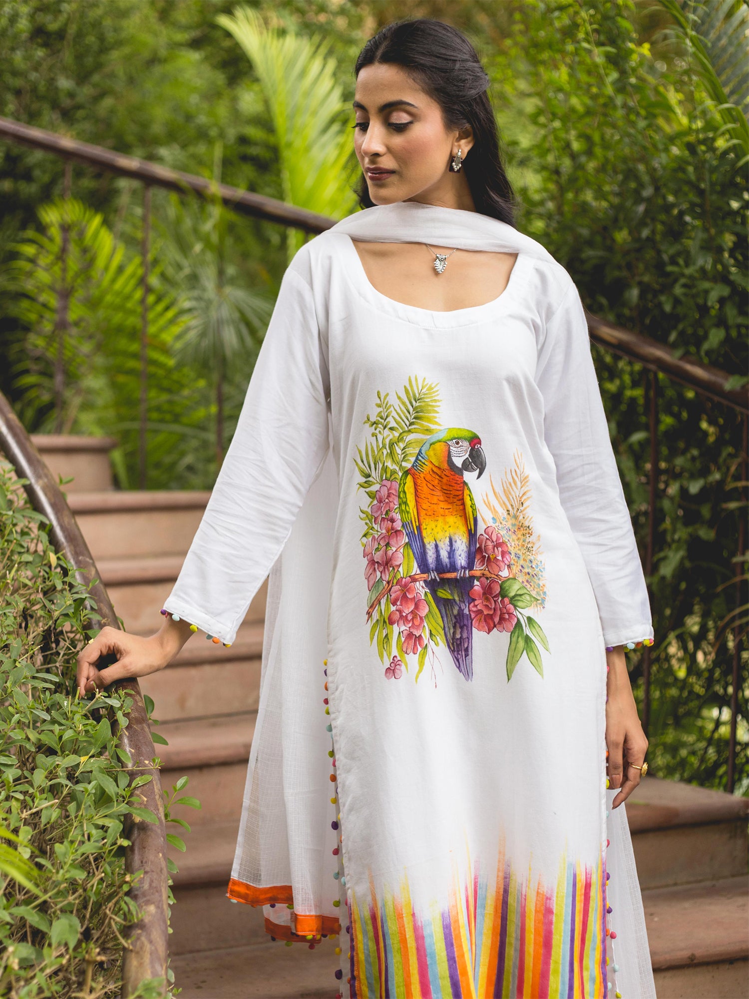 White Handpainted Cotton Satin Kurta Set with Dupatta