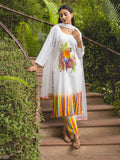 White Handpainted Cotton Satin Kurta Set with Dupatta