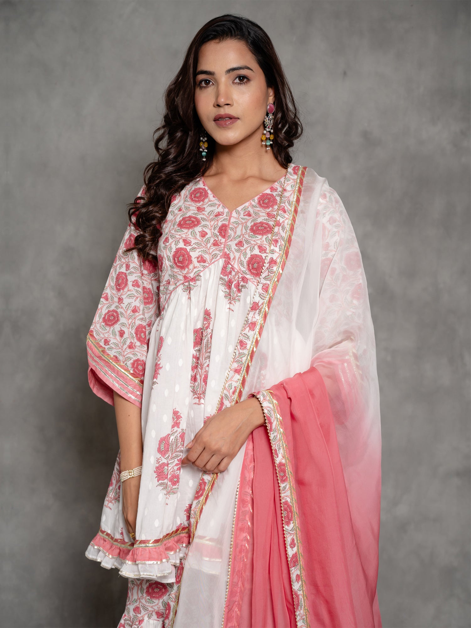 White Cotton Sharara Suit In Floral Print