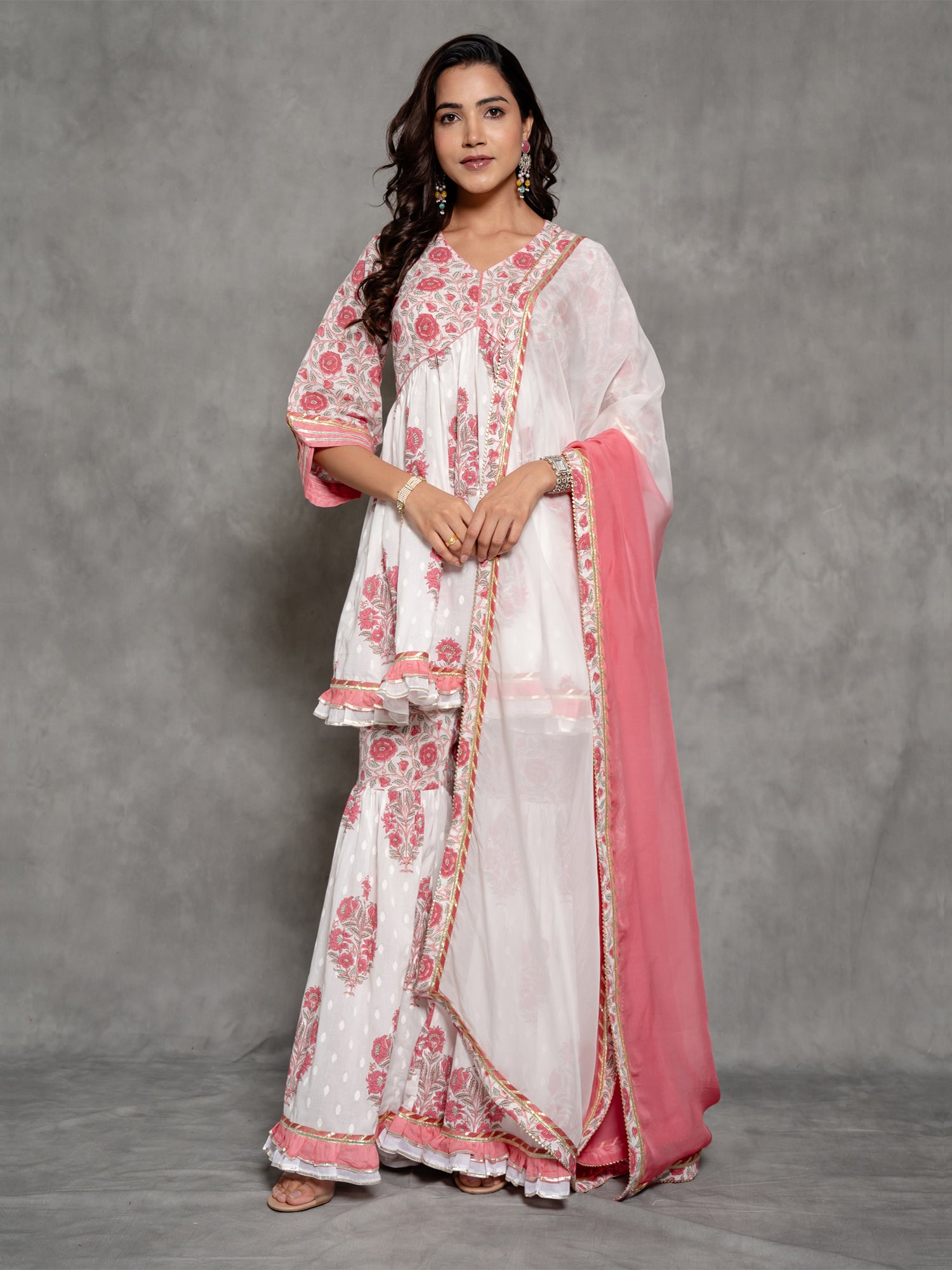 White Cotton Sharara Suit In Floral Print