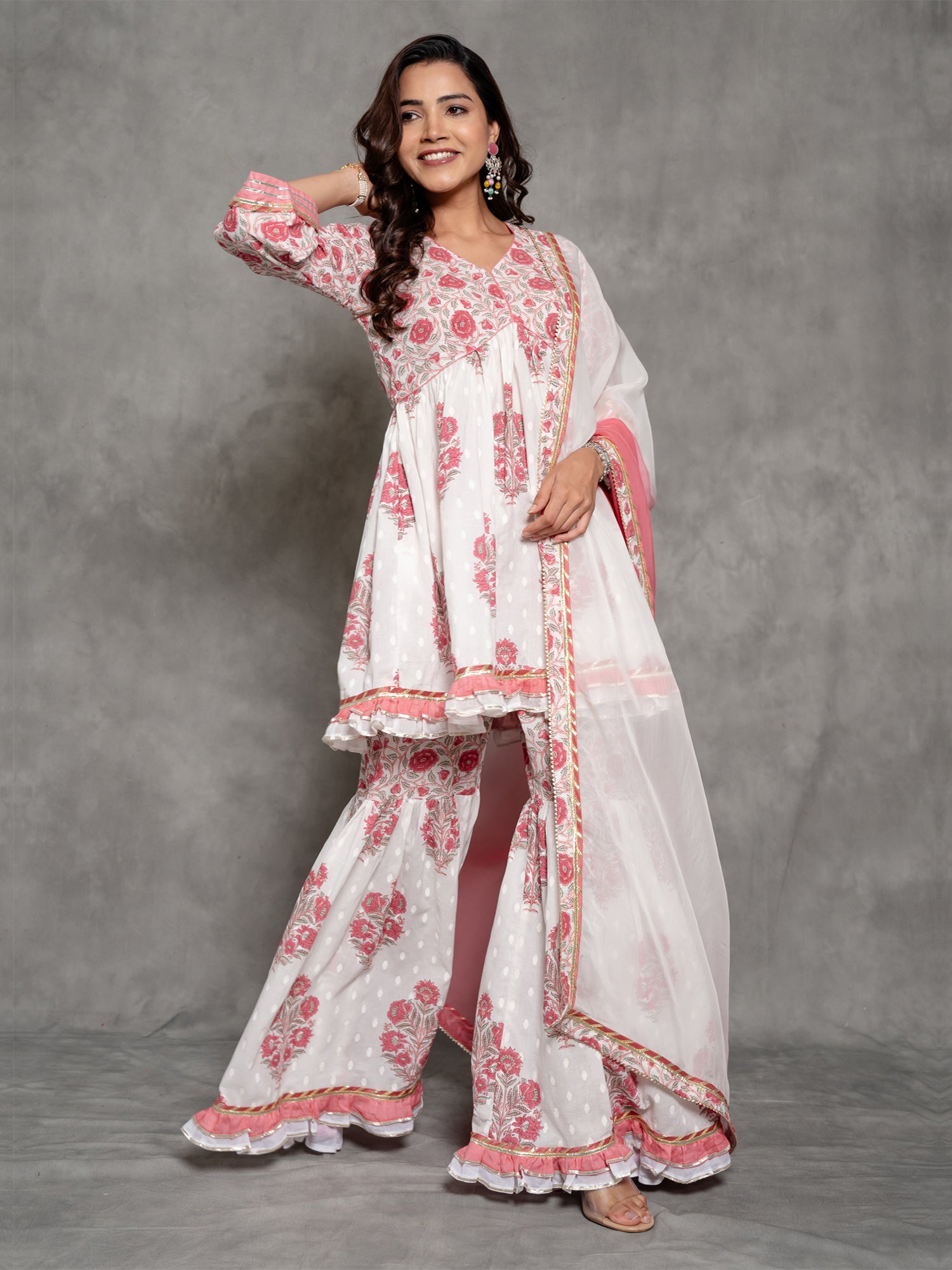 White Cotton Sharara Suit In Floral Print