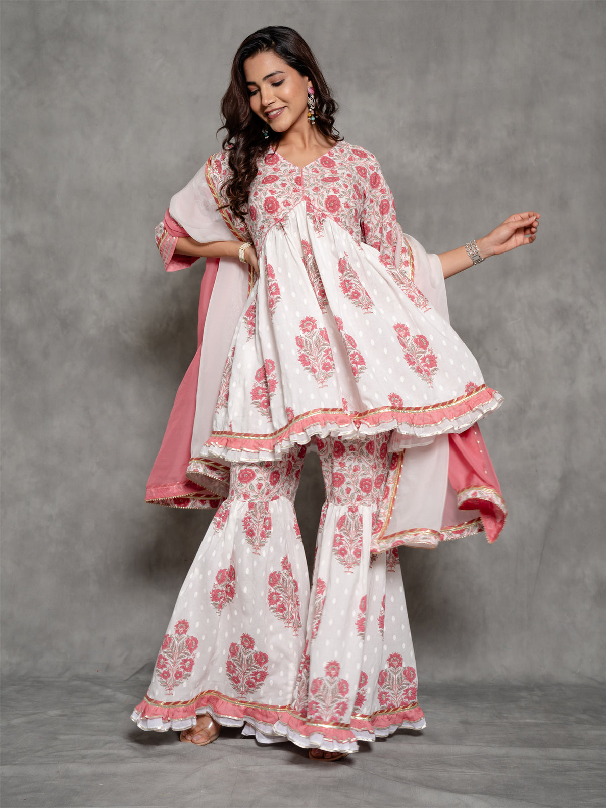 White Cotton Sharara Suit In Floral Print