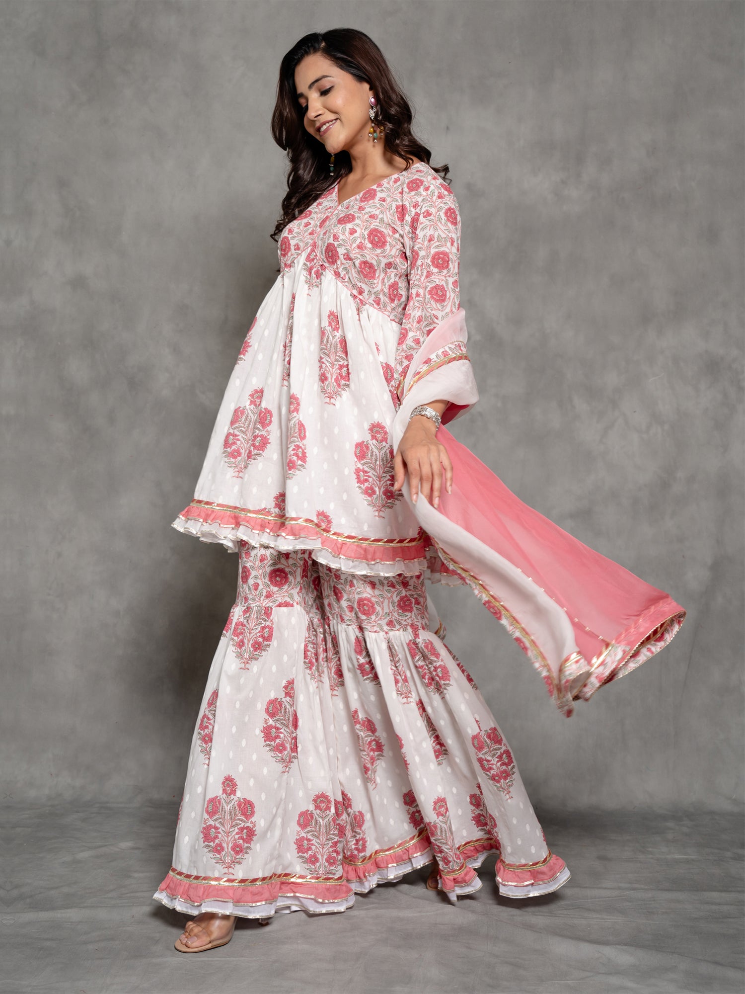 White Cotton Sharara Suit In Floral Print