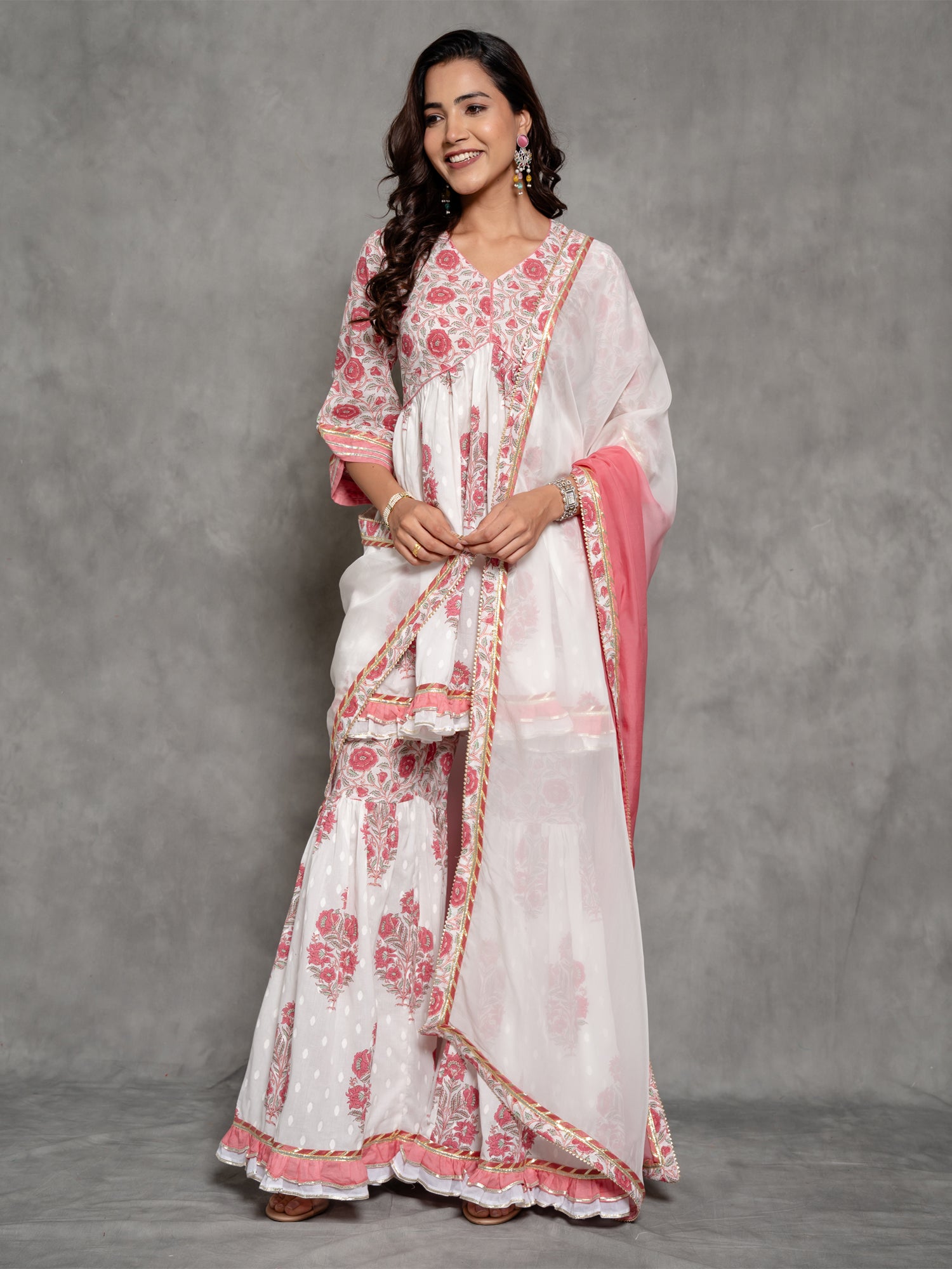 White Cotton Sharara Suit In Floral Print