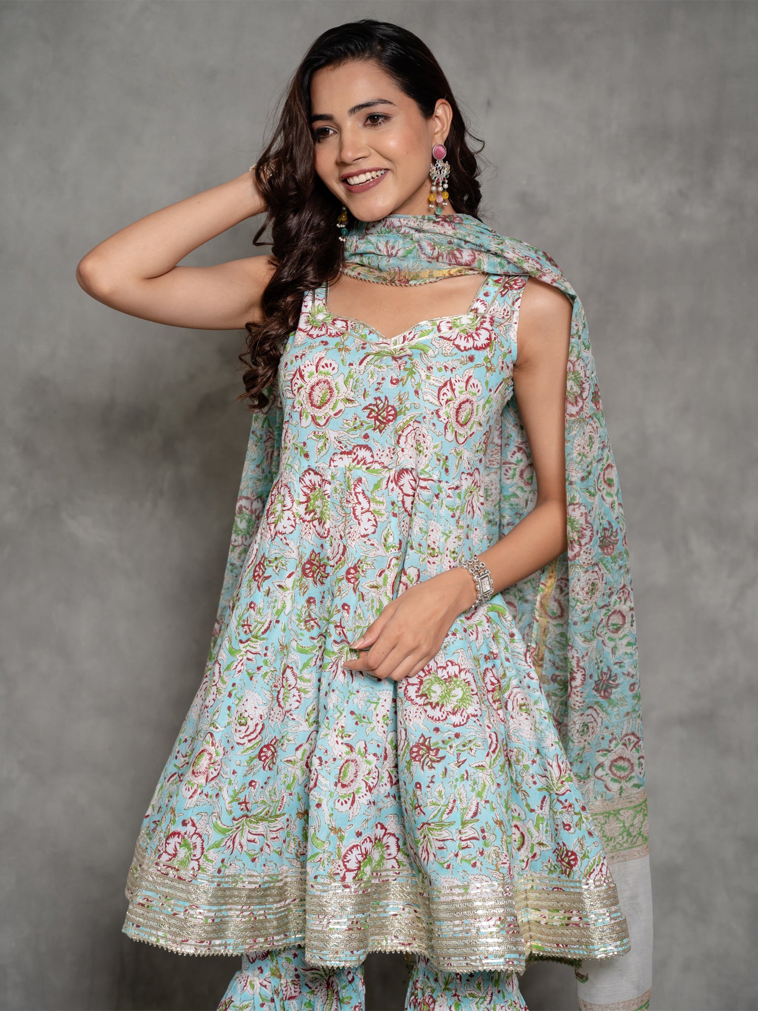 Blue Floral Printed Cotton Sharara Suit