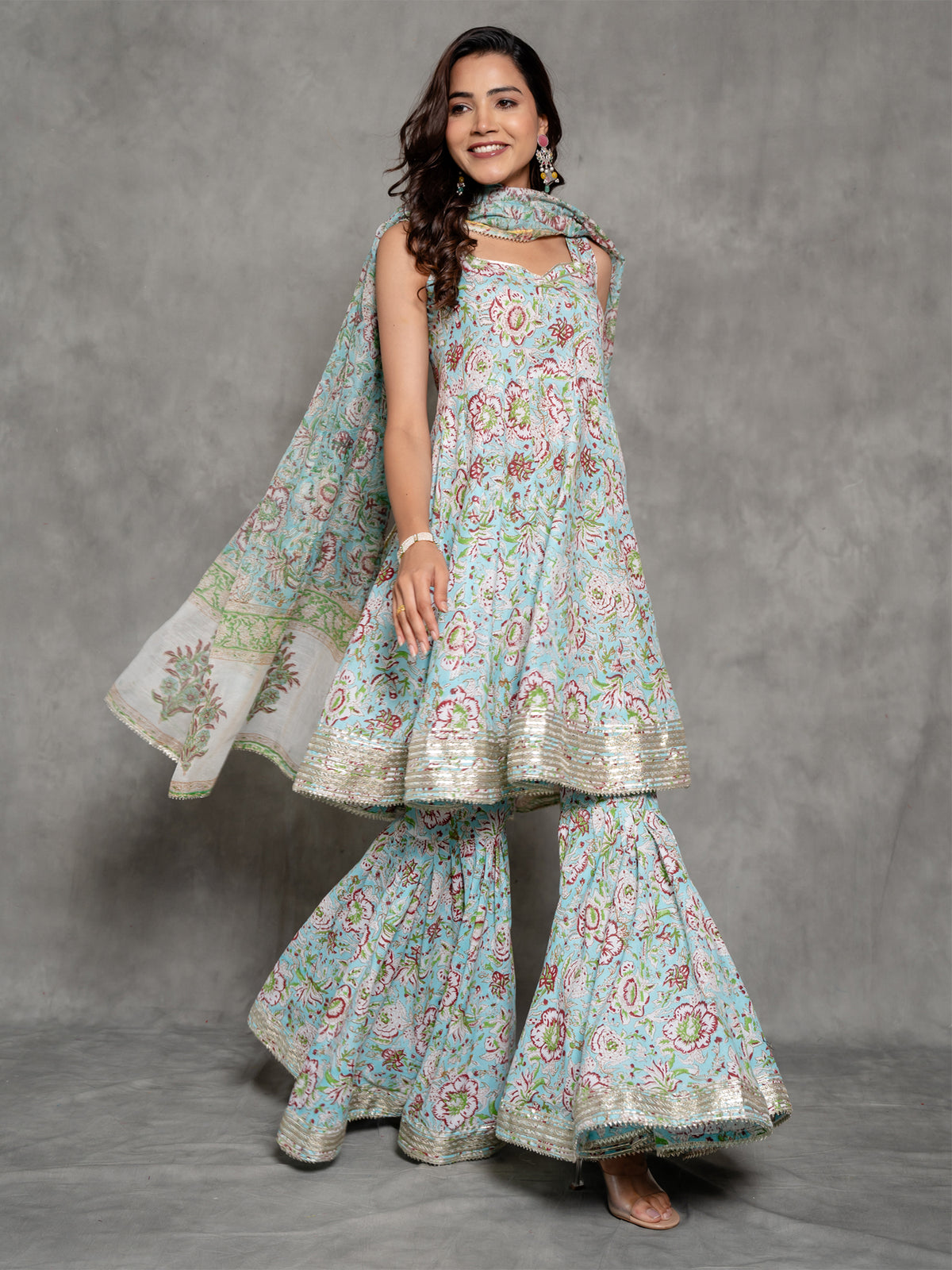 Blue Floral Printed Cotton Sharara Suit