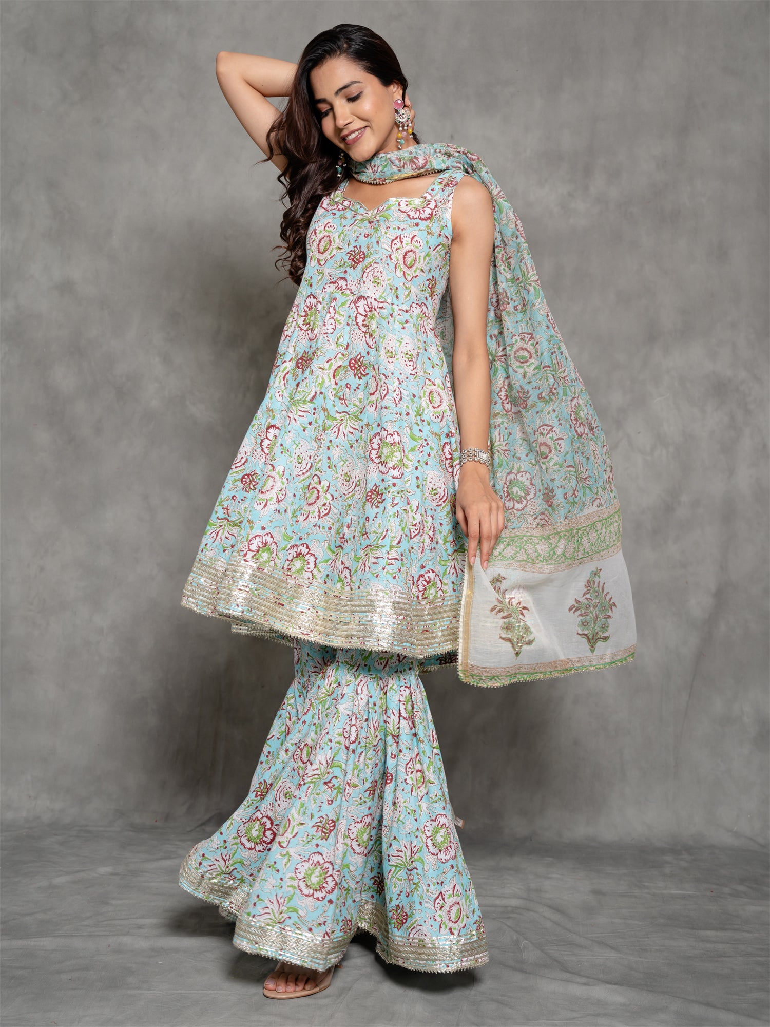 Blue Floral Printed Cotton Sharara Suit