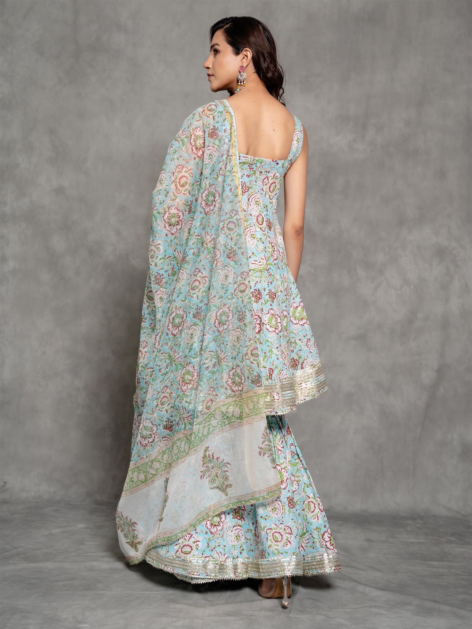 Blue Floral Printed Cotton Sharara Suit