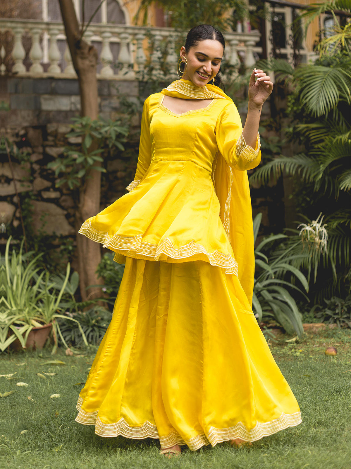 Lemon Yellow Organza Satin Sharara Suit