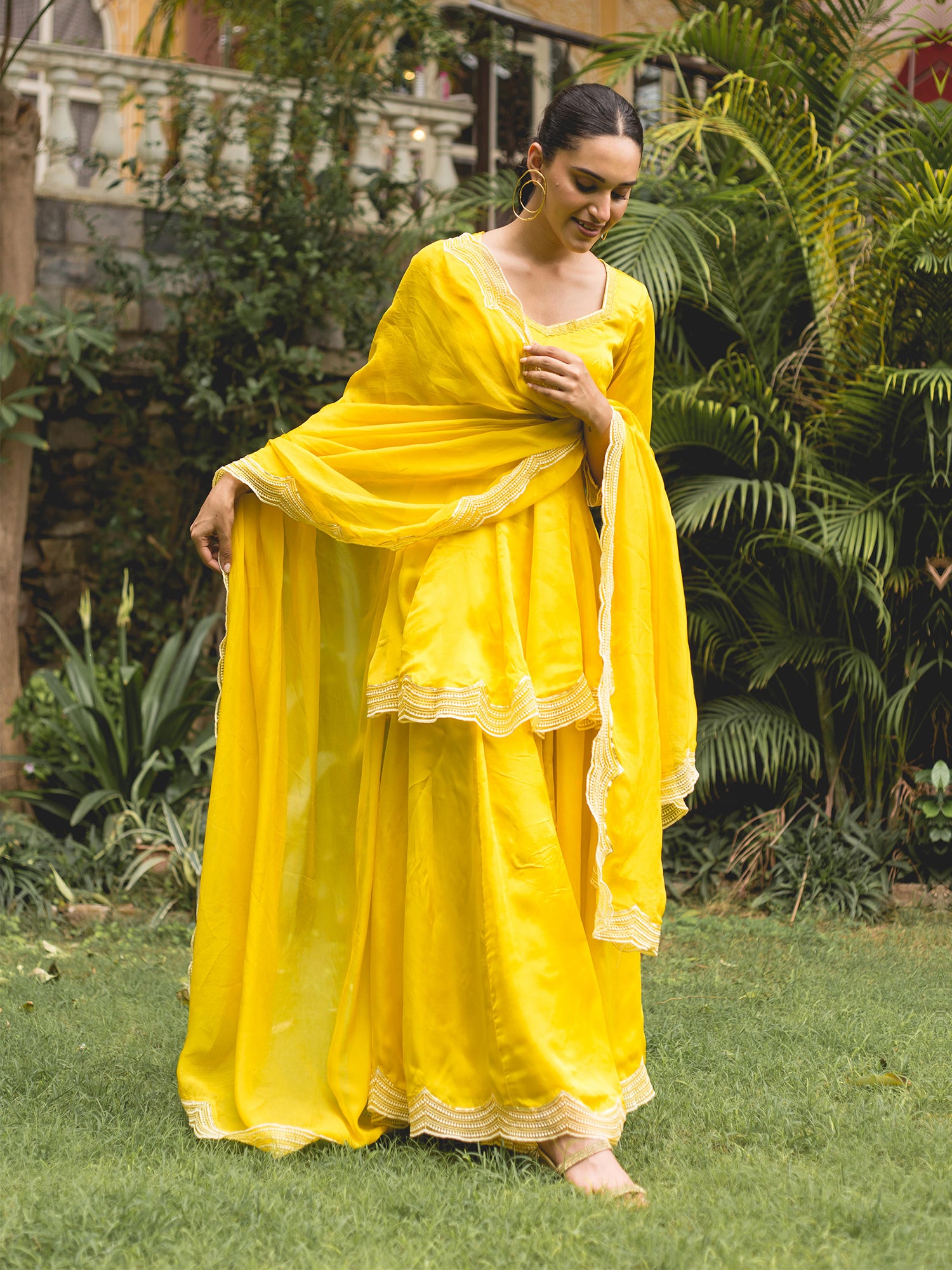 Lemon Yellow Organza Satin Sharara Suit