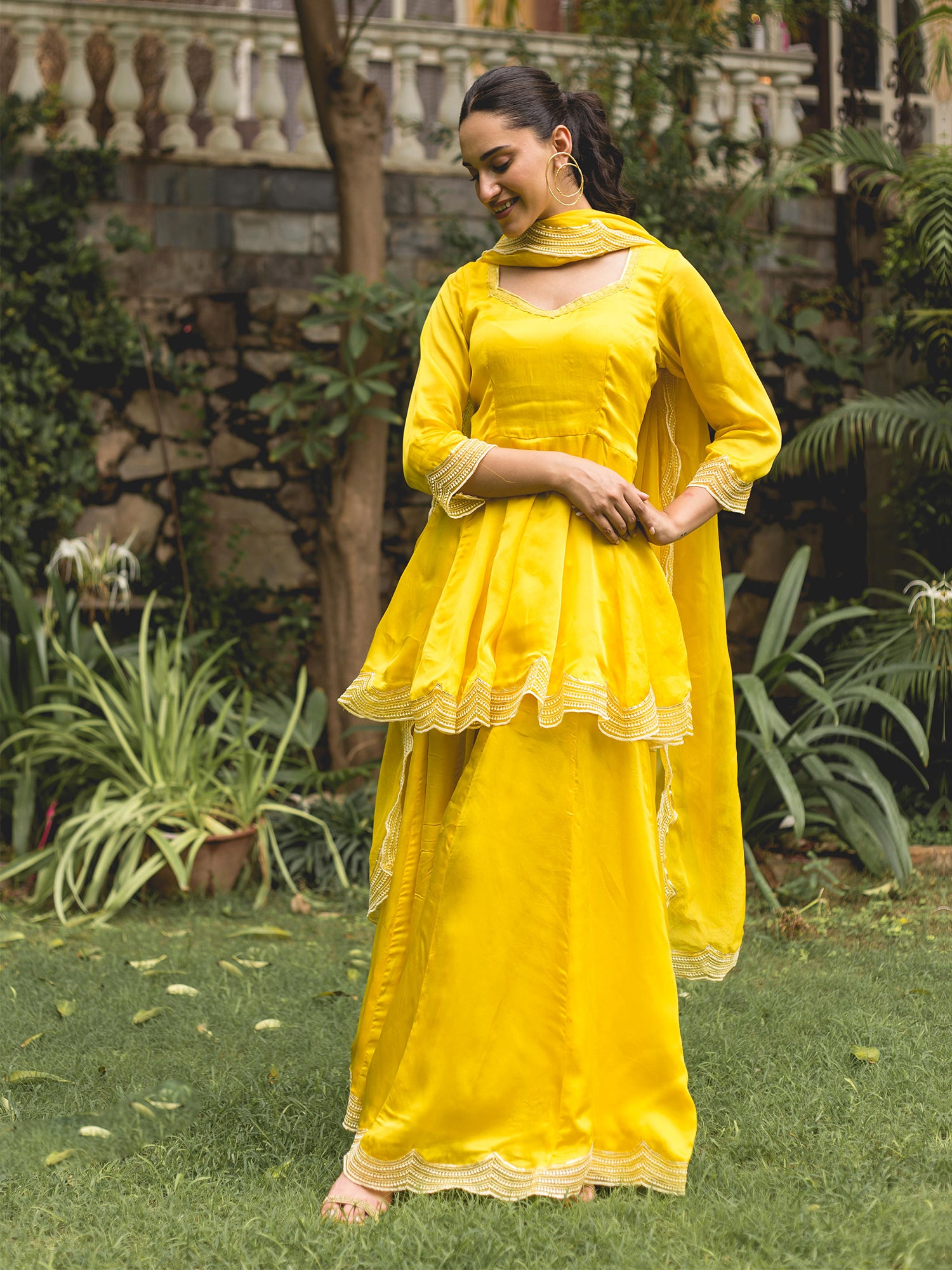 Lemon Yellow Organza Satin Sharara Suit