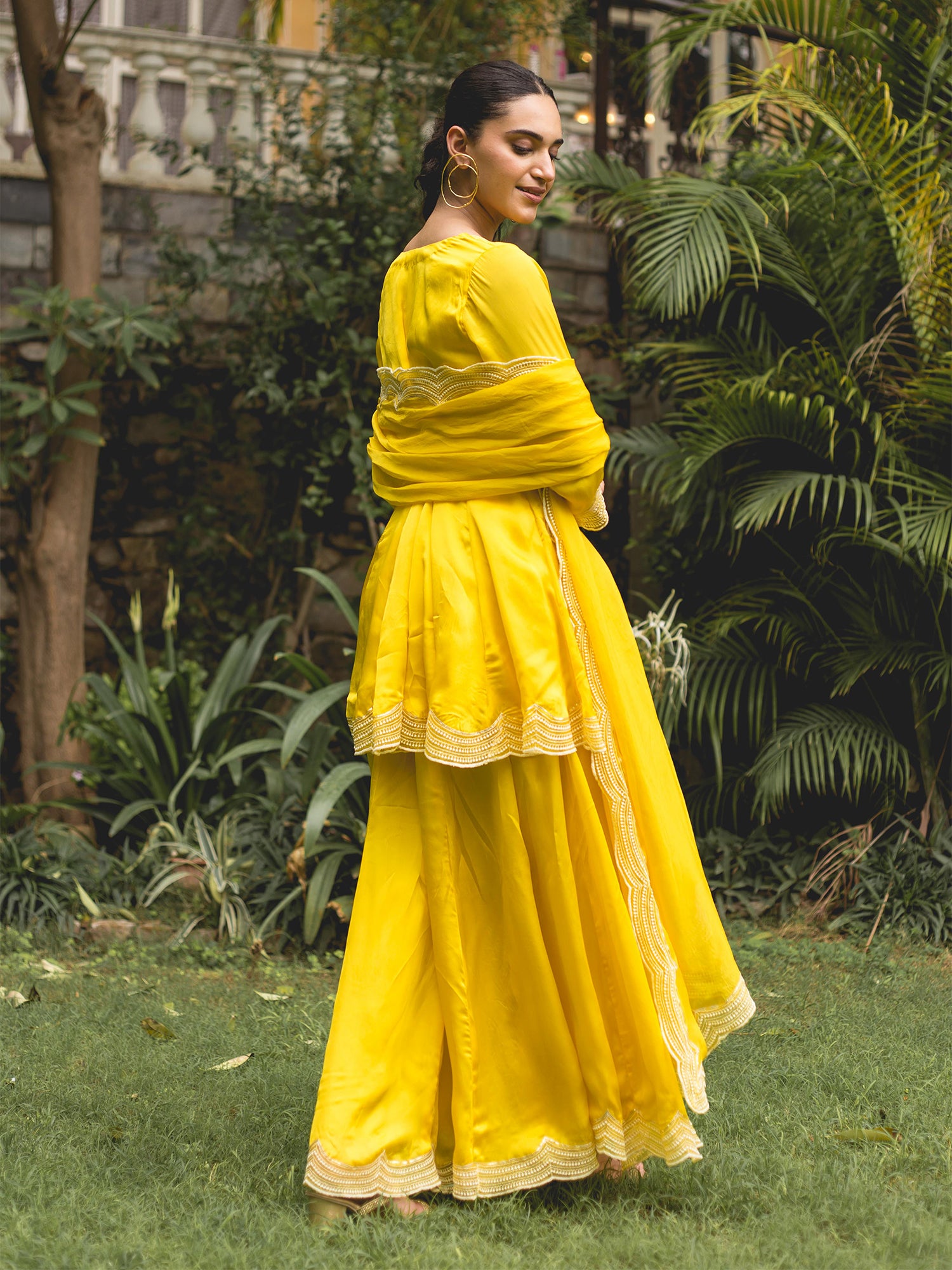 Lemon Yellow Organza Satin Sharara Suit