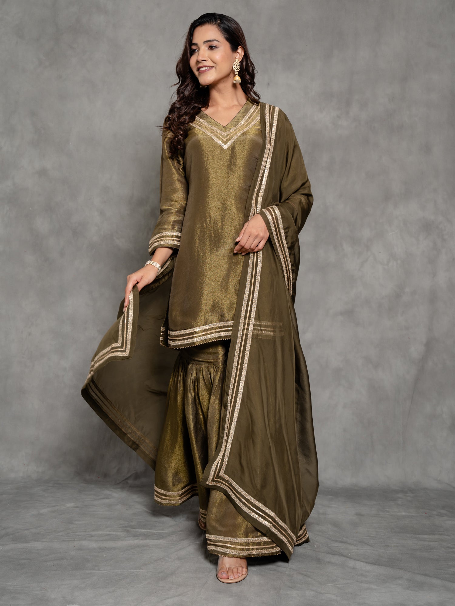 Dark Green Tissue Silk Sharara Suit