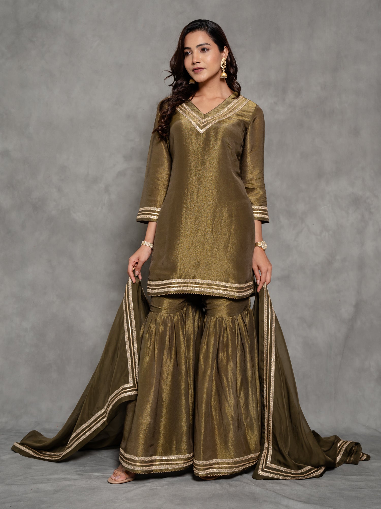 Dark Green Tissue Silk Sharara Suit