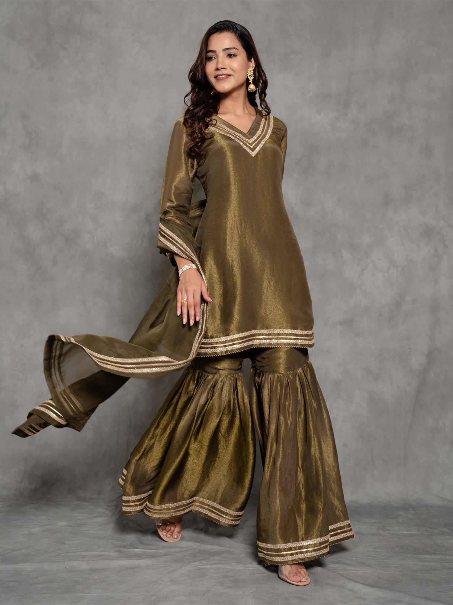 Dark Green Tissue Silk Sharara Suit