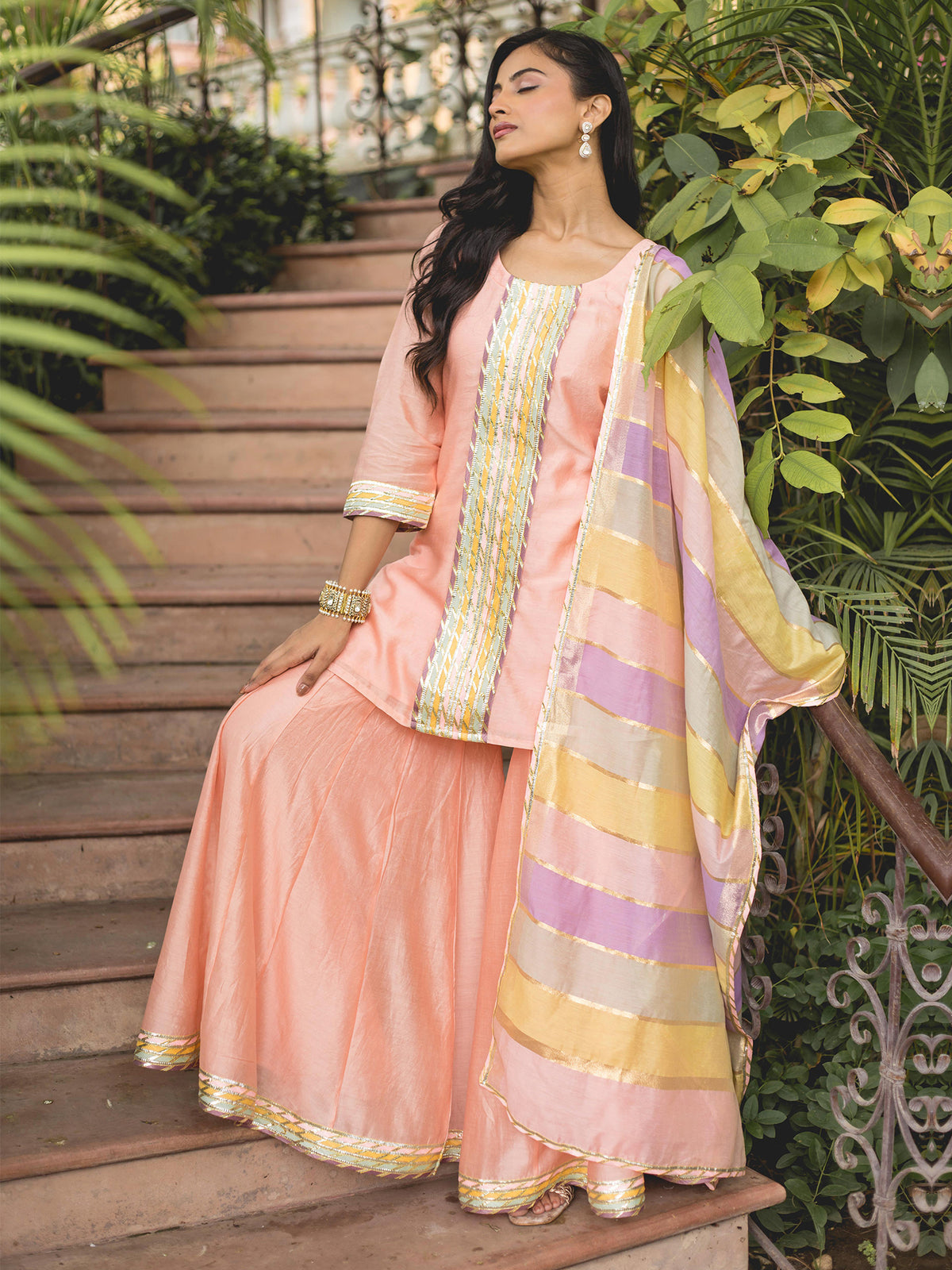 Peach Chanderi Sharara Suit Set