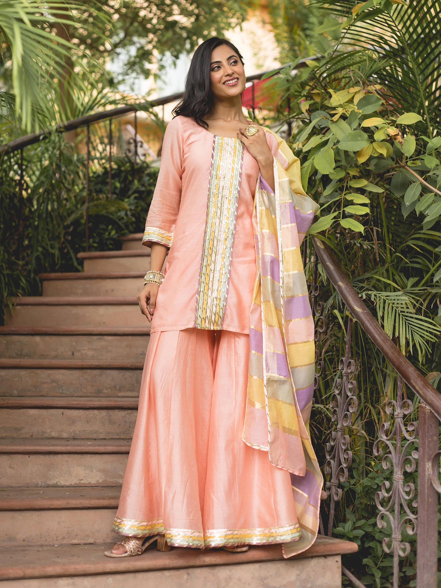 Peach Chanderi Sharara Suit Set