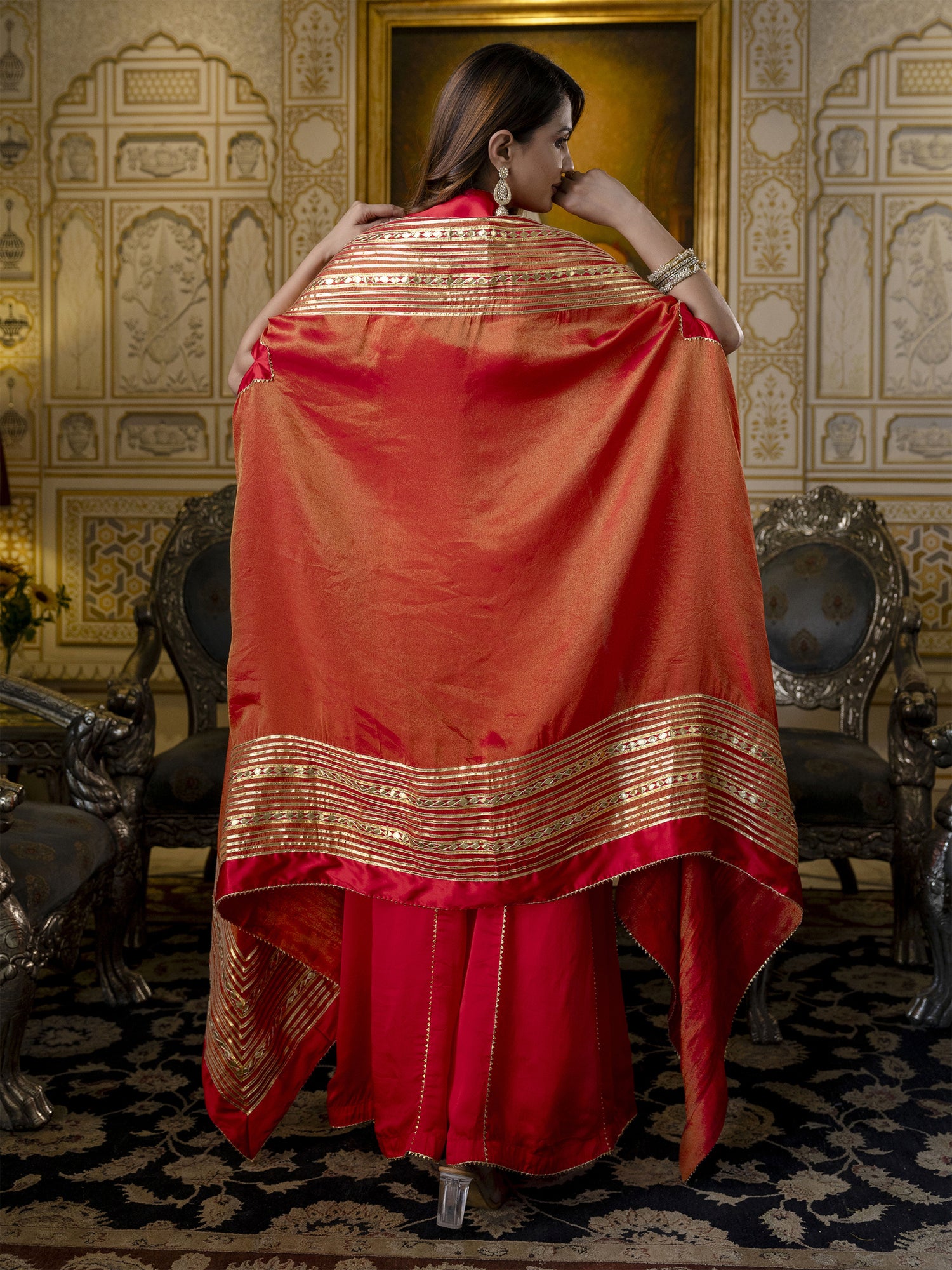 Red Cape Style Sharara Suit With Gota Work