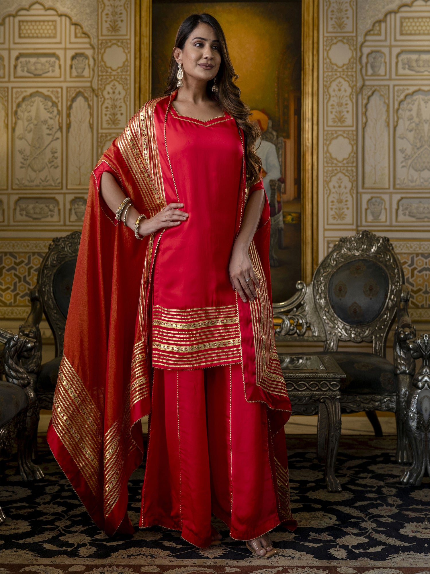 Red Cape Style Sharara Suit With Gota Work