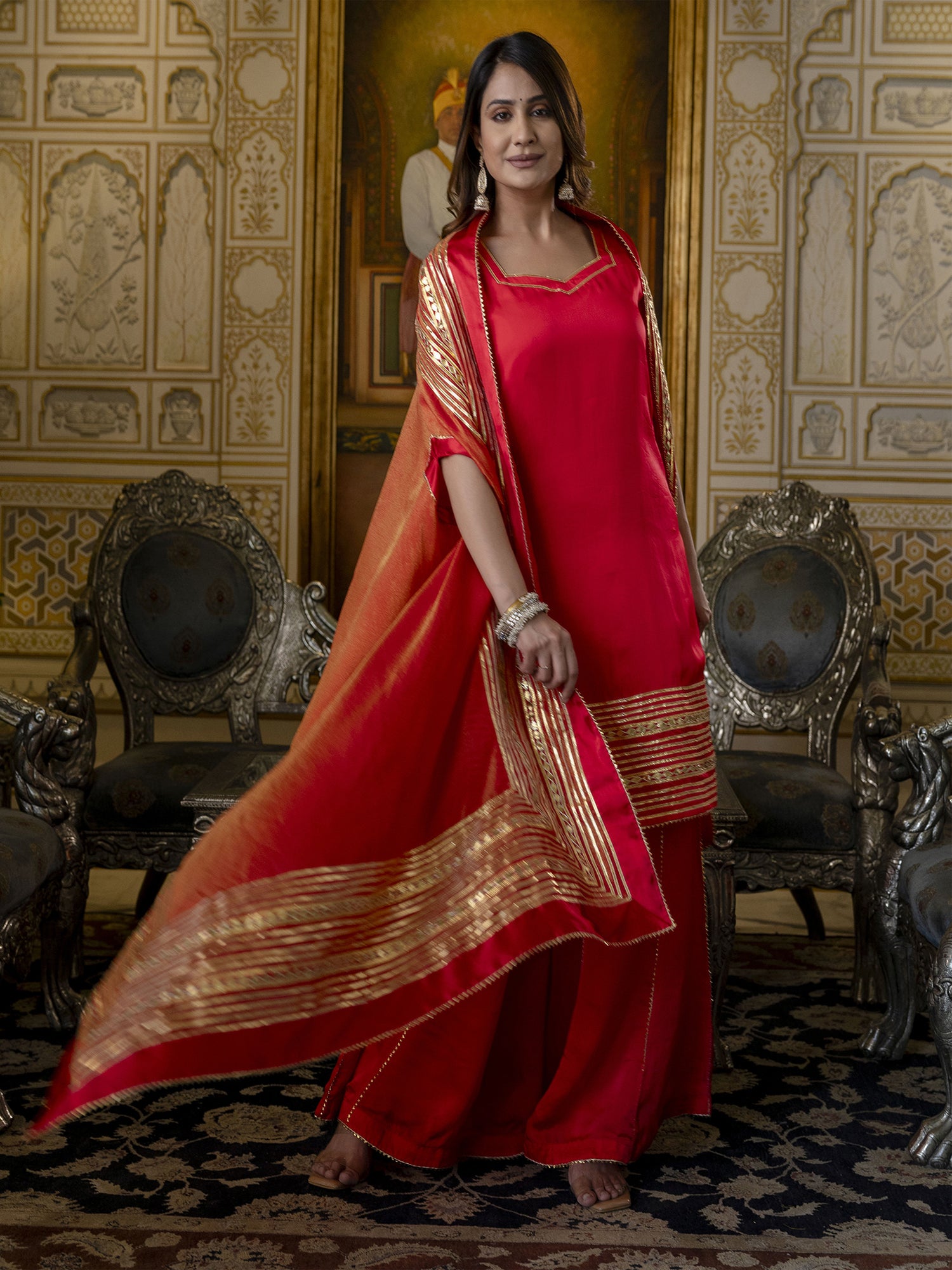 Red Cape Style Sharara Suit With Gota Work