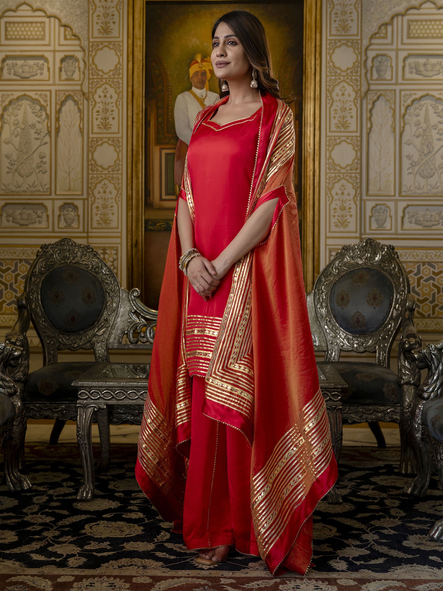 Red Cape Style Sharara Suit With Gota Work