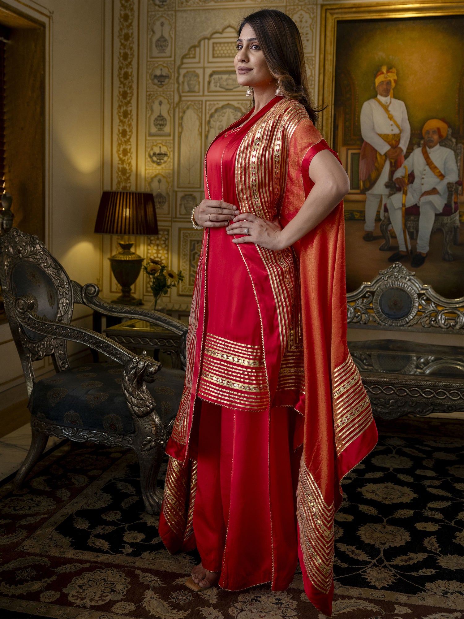 Red Cape Style Sharara Suit With Gota Work