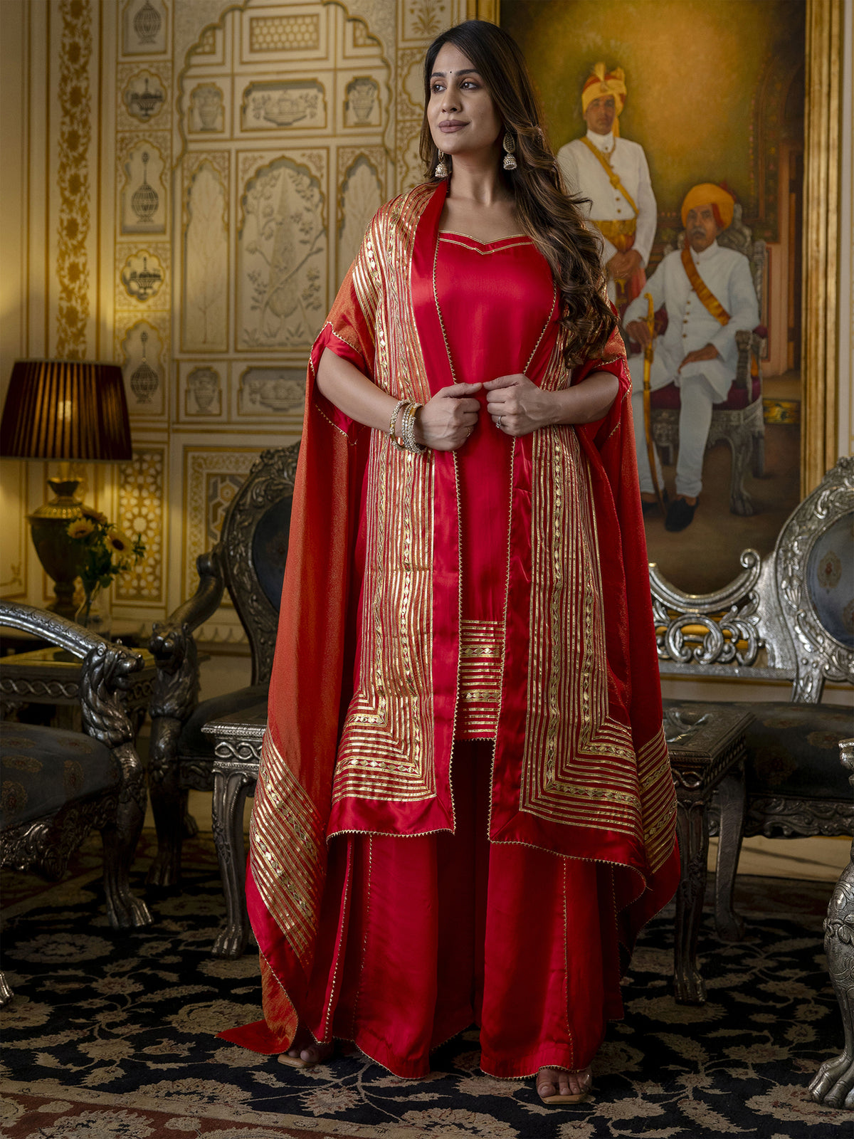 Red Cape Style Sharara Suit With Gota Work