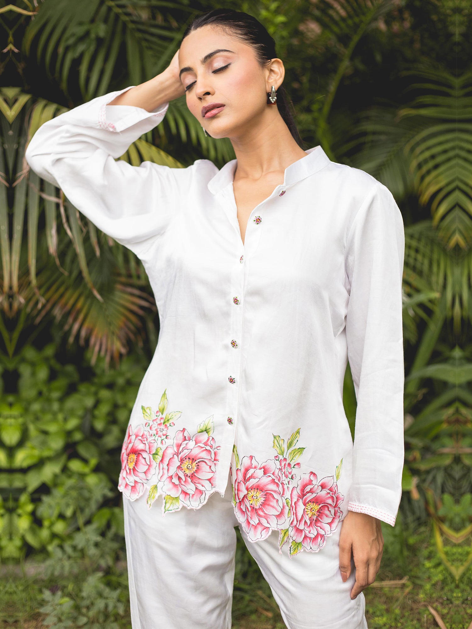 White Linen Satin Floral Handpainted Co-Ord Set