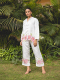 White Linen Satin Floral Handpainted Co-Ord Set