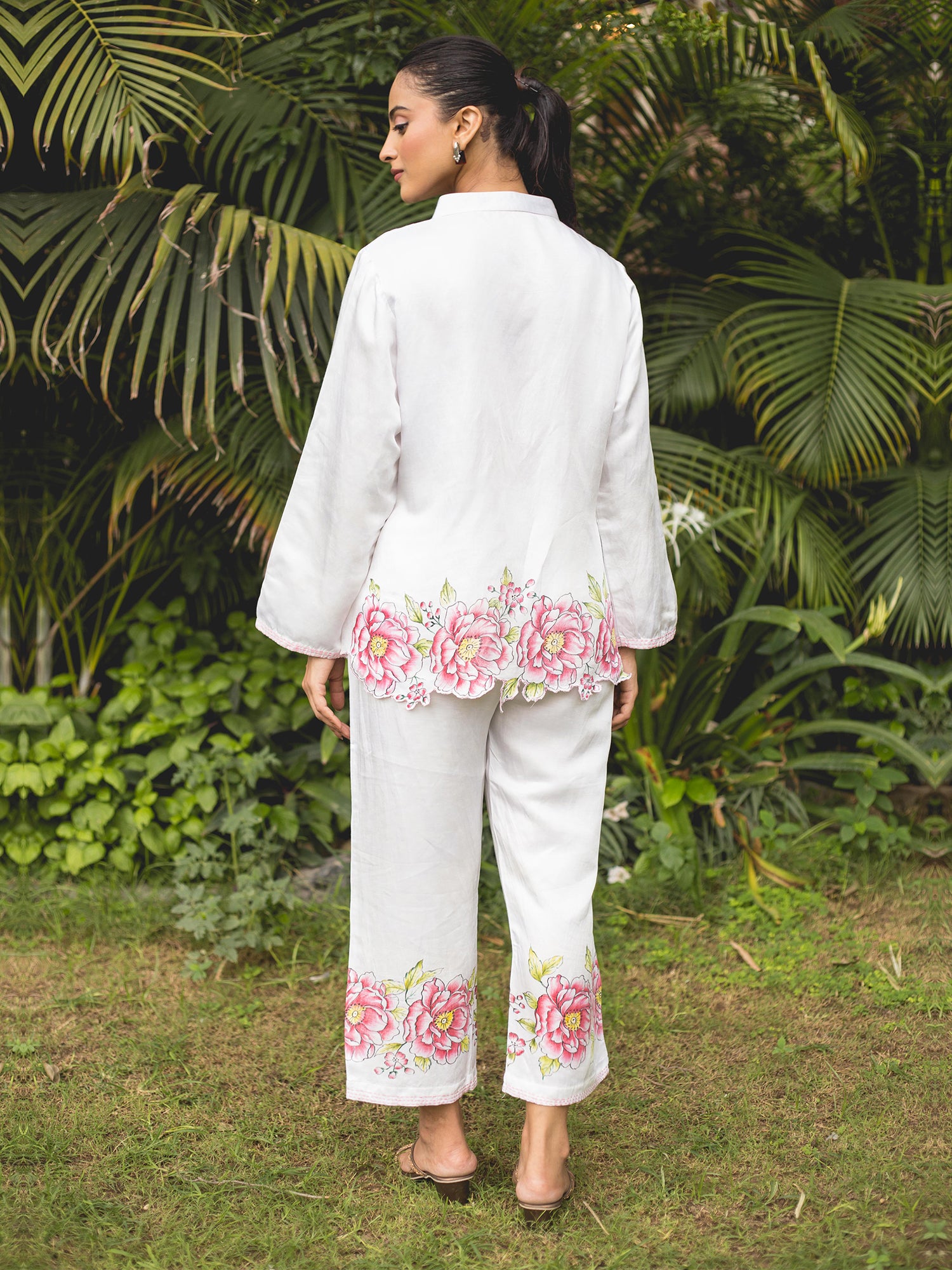 White Linen Satin Floral Handpainted Co-Ord Set