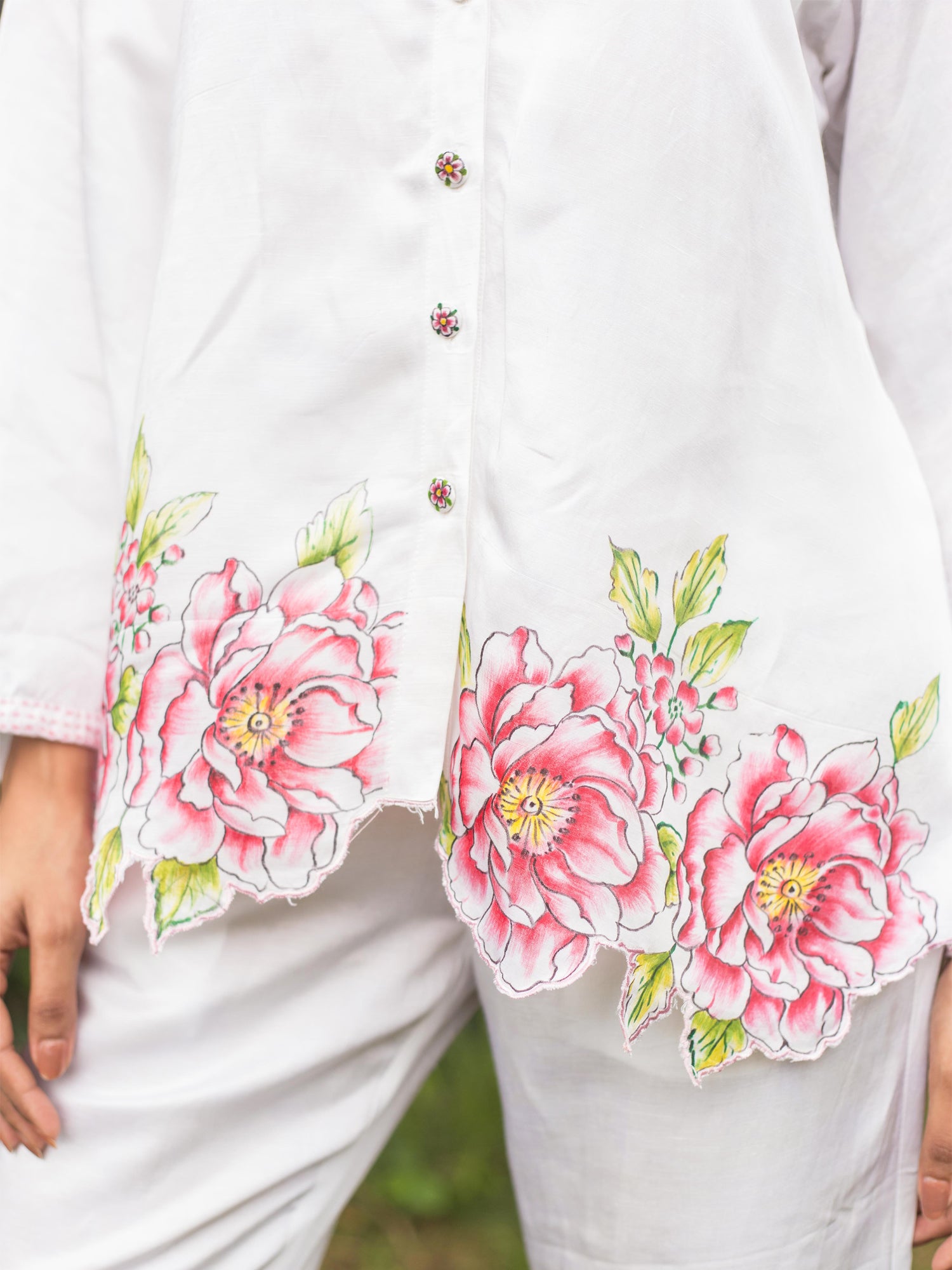 White Linen Satin Floral Handpainted Co-Ord Set