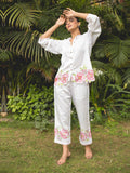 White Linen Satin Floral Handpainted Co-Ord Set