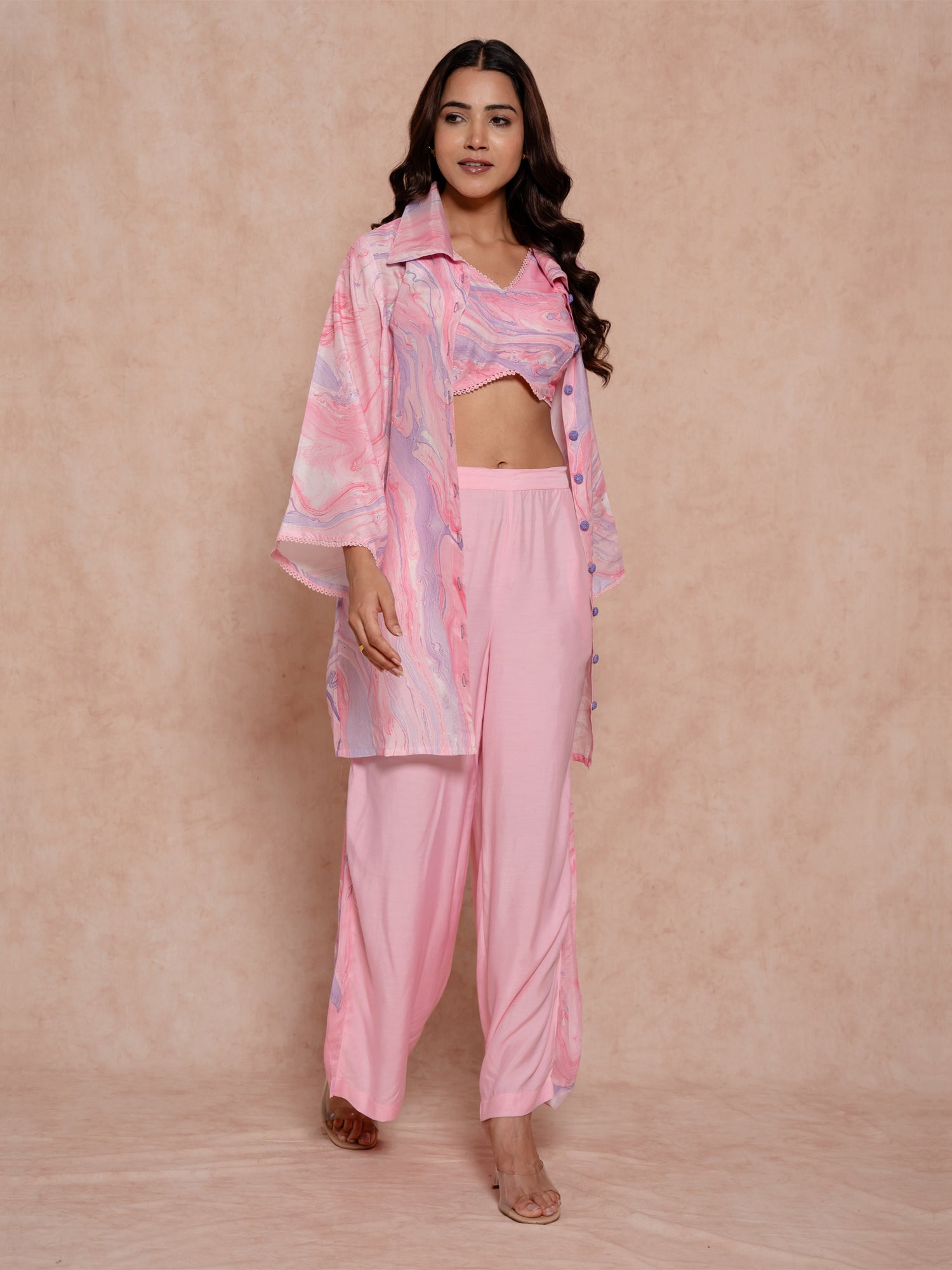 Pink Crop Top Style Marble Print Co-ord Set