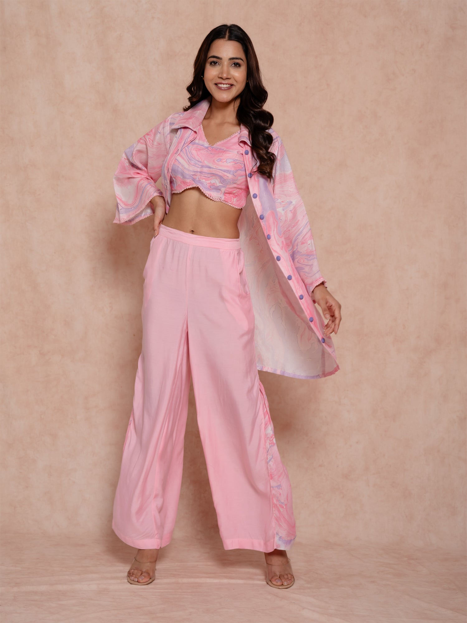 Pink Crop Top Style Marble Print Co-ord Set