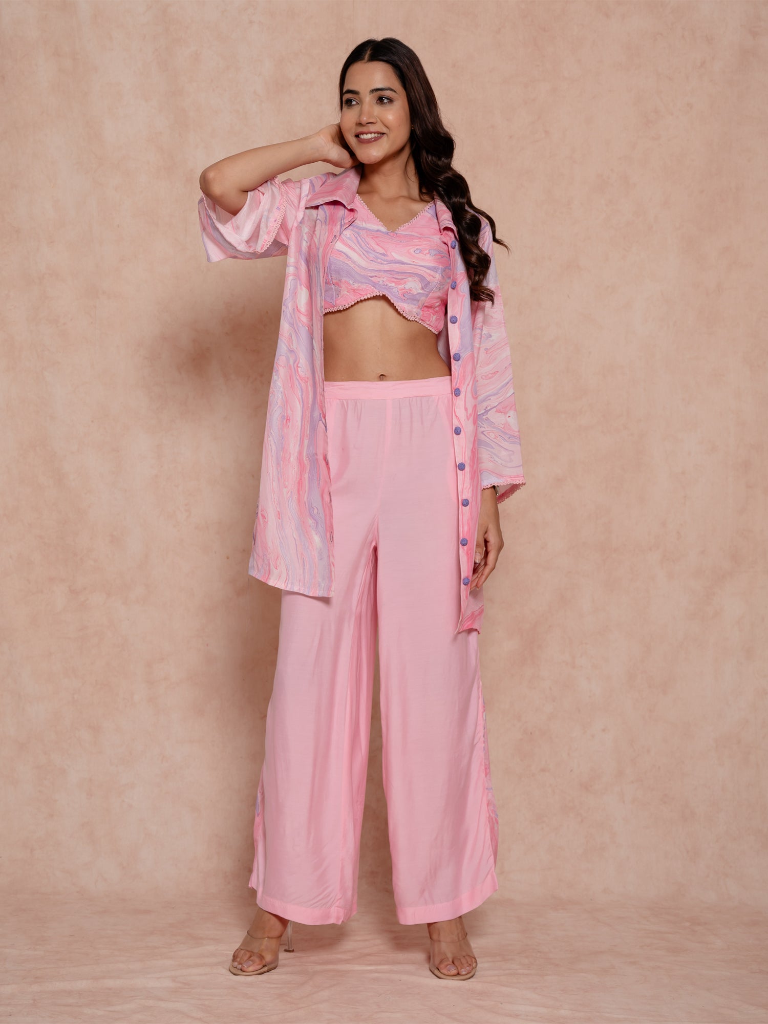 Pink Crop Top Style Marble Print Co-ord Set