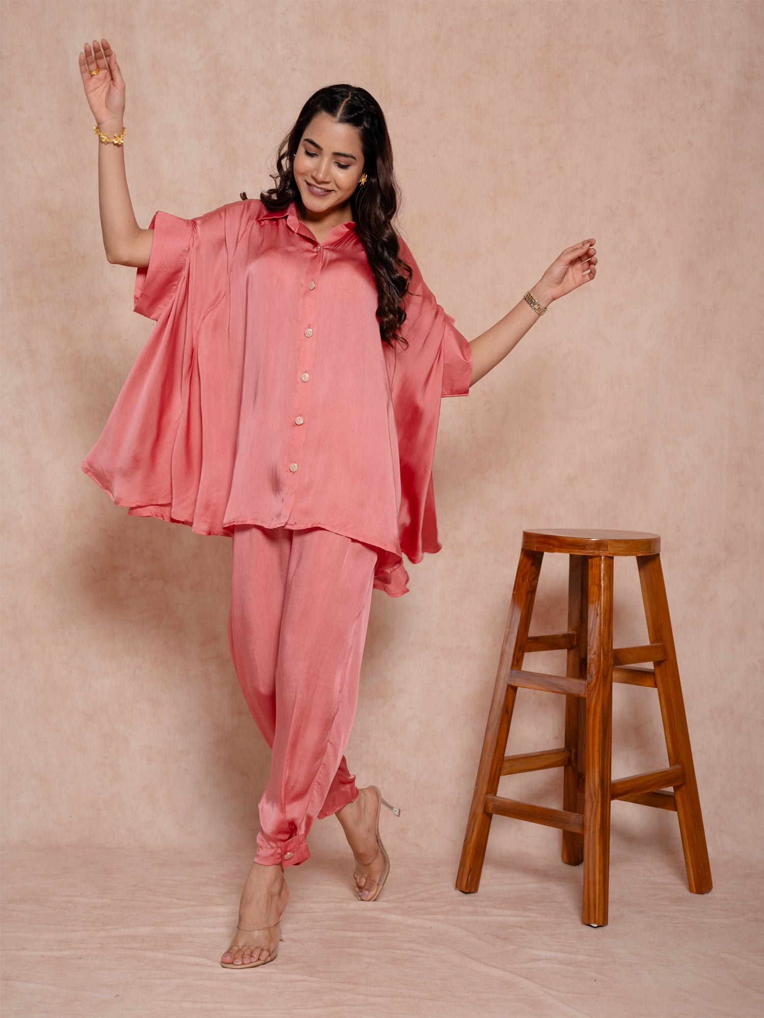 Rose Pink Satin Co-Ord Set With Unique Sleeves