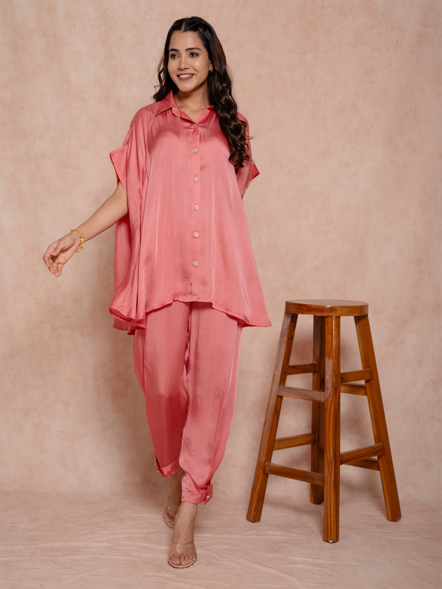 Rose Pink Satin Co-Ord Set With Unique Sleeves