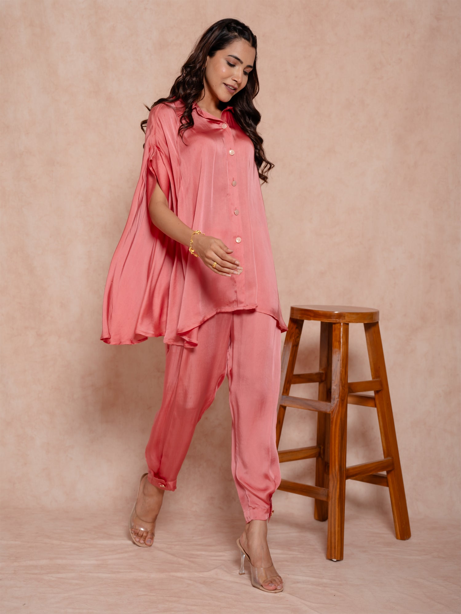 Rose Pink Satin Co-Ord Set With Unique Sleeves